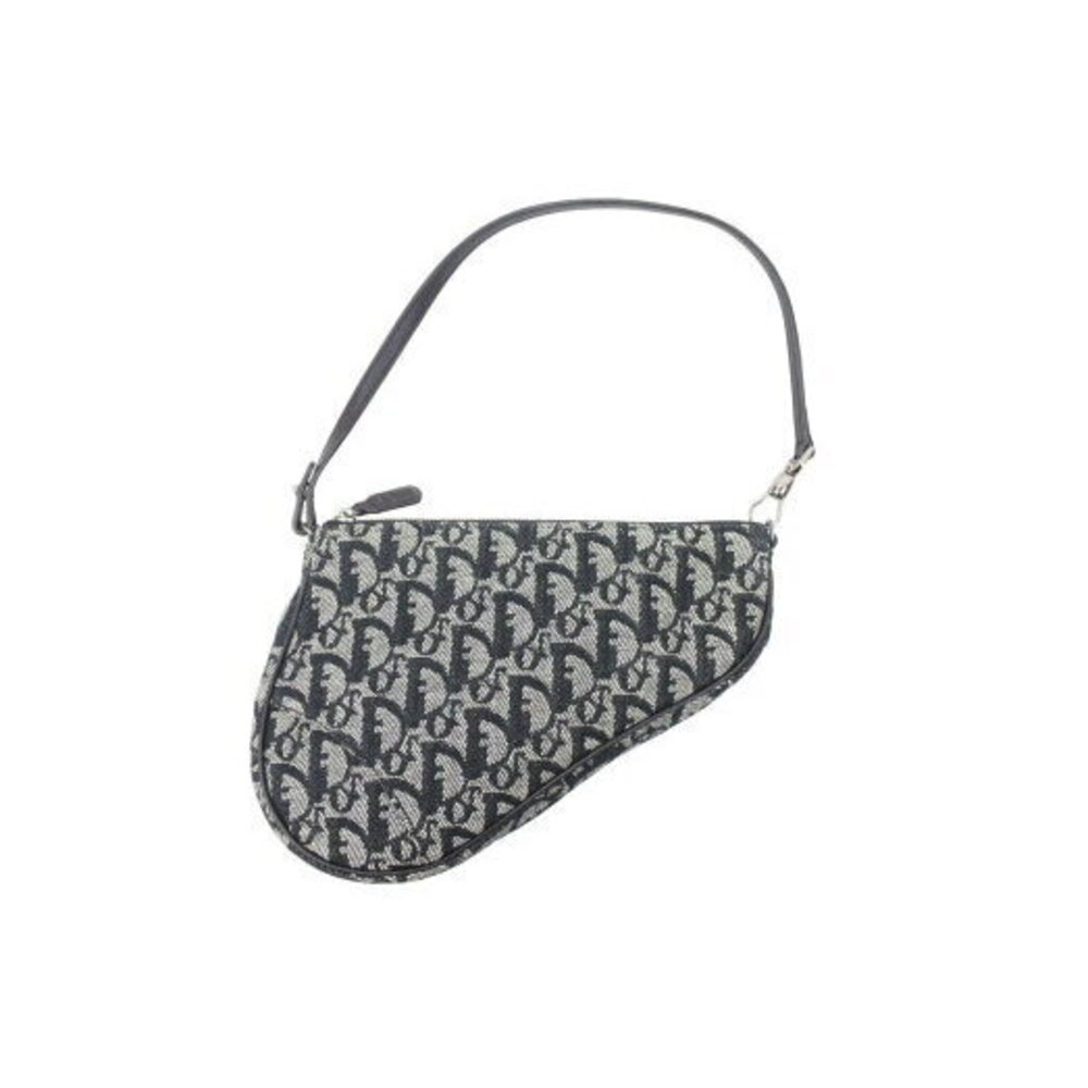 Christian Dior Saddle Bag Trotter Canvas Black Gray Silver